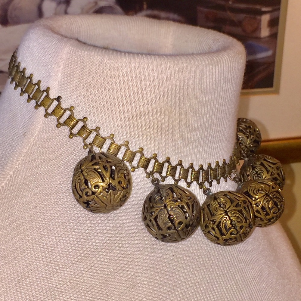 Antique Victorian Brass Filigree Ball Book Link Chain Necklace - Picture 8 of 17